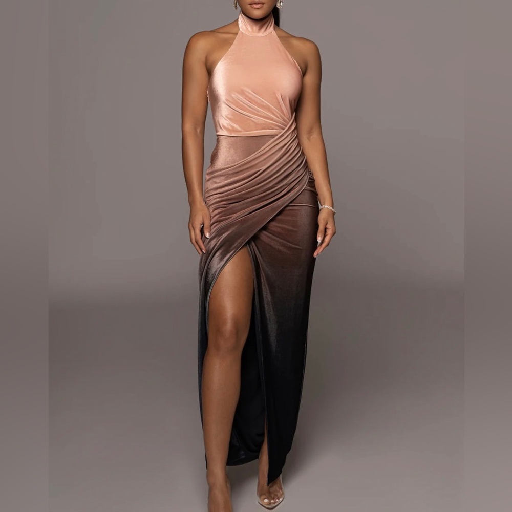 JLUXLABEL Velvet Brown Dream Chaser Slit Dress